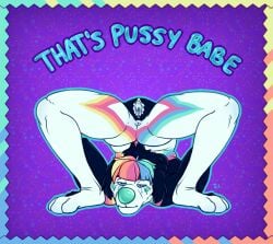 2022 andromorph anthro bangs bedroom_eyes black_body canid canine clown clown_nose contortionism english_text eyelashes flexible genitals hair interkos intersex long_eyelashes looking_at_viewer mammal markings multicolored_body multicolored_markings narrowed_eyes nonbinary_(lore) pattern_background presenting purple_background rainbow_markings seductive simple_background solo text trans_(lore) vulva white_body white_vulva