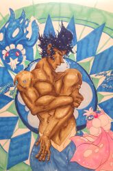 2015 video_games pokemon marlon_(pokemon) tan_skin tanline blue_hair 1boy solo muscular abs male male_only syaaaaaashin traditional_media