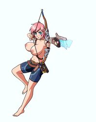 ancient_arrow armorless_link big_breasts blue_eyes bow boxers brellom female freckles genderswap_(mtf) link link_(breath_of_the_wild) link_(shounen_captain) pink_hair rule_63 sheikah_boxers solo the_legend_of_zelda topless traveler's_bow