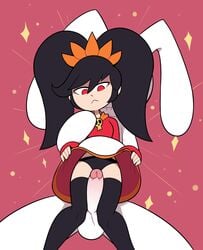anthro arms_around_waist ashley_(warioware) balls black_hair black_legwear bunny bunny_ears clothed clothing digital_media_(artwork) dress dress_lift expressionless female female_focus from_behind hair hair_ornament legs legwear looking_at_penis looking_down male male/female mario_(series) miscon nintendo panties penis red_eyes size_difference skull sparkle testicles thigh_sex thighs warioware