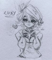 2023 artist_upload big_breasts bigoldstinker blush blushing_at_viewer breasts cleavage hoodie looking_at_viewer oc original original_artwork original_character self_upload sfw shirt short_hair shy shy_expression skeleton_girl sketch