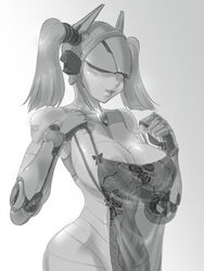 areolae babydoll black_and_white blush breasts chassis_(crybringer) cleavage covered_eyes crybringer female highres large_breasts lingerie long_hair monochrome navel nipples nude robot robot_ears robot_girl robot_joints see-through solo twintails