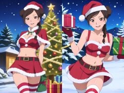 1girls adapted_costume ai_generated alternate_costume blush braided_ponytail breasts busty capelet center_opening christmas christmas_gift christmas_outfit christmas_tree chscreenshots cleavage couch dress earrings eyeliner female female_only fur_trim gift gift_box glitter hair_down hair_ribbon high_resolution holding_object jewelry kunoichi long_hair looking_at_viewer makeup naruto naruto:_the_last naruto_(series) naruto_shippuden night ninja no_bra outdoors ponytail present_box revealing_clothes ribbon ribbon_trim santa_hat sitting snowing solo solo_focus split_screen striped_thighhighs swept_bangs teenager tenten thighhighs uncensored upper_body