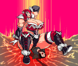 animal_ears artist_request barbarian_(diablo) breasts cracked_floor diablo diablo_3 elbow_gloves fake_animal_ears femdom giantess gloves heroes_of_the_storm huge_ass huge_breasts larger_female mask muscle muscular_female red_hair size_difference sonya_(diablo) straddling thick_thighs thighs toned valla_(diablo) wide_hips wrestler wrestling_outfit