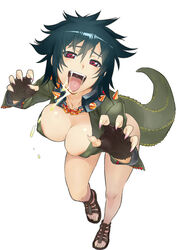 big_breasts breasts chains cleavage deviljho drooling female looking_at_viewer monster_girl monster_hunter open_toe_shoes red_eyes sandals spikes tomboy tongue tongue_out