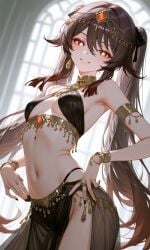 ai_generated attractive attractive_body attractive_female belly belly_button belly_dancer belly_dancer_outfit brown_hair cleavage genshin_impact hoyoverse hu_tao_(genshin_impact) mihoyo red_eyes seductive sexy sexy_body sexy_pose small_breasts smike smile