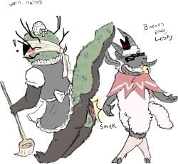 ambiguous_gender anthro bagworm balls bandage bell bell_collar black_body black_fur blue_spots blush bovid broom brown_body brown_fur butt_slap cape caprine cleaning_tool clothing collar crossdressing crossdressing_(mtf) crossdressing_male cult_of_the_lamb dialogue domestic_sheep duo english_text eyewear femboy fur gay gay_male genitals green_body green_fur hi_res homosexual homosexual_male jacob_sheep lamb_(cult_of_the_lamb) leshy_(cult_of_the_lamb) maid_headdress maid_uniform male male_penetrated mammal massive_monster_(studio) meme red_crown_(cult_of_the_lamb) sheep shutter_shades silly slap solo_male spanish_text spots sunglasses surprised text uniform welcometaco white_body white_fur white_wool wool_(fur)