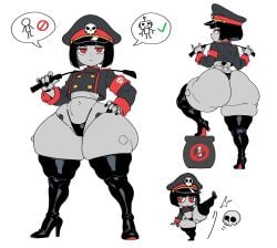 1girls ass bingbingzi black_hair bob_cut bottom_heavy bubble_butt chengchezhiice curvy female female_only flat flat_chest grey_skin hand_on_hip kicking latex latex_thighhighs leggings looking_at_viewer looking_back massive_ass military_uniform riding_crop robot robot_commander_(bingbingzi) robot_girl robot_humanoid skull text_bubble thick_ass thick_thighs thighhighs thong thunder_thighs voluptuous voluptuous_female white_background
