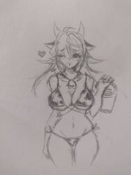 2023 artist_self-insert artist_upload bigoldstinker bikini blush blushing_at_viewer breasts cleavage cow_ears cow_girl cow_horns cow_print cow_print_bikini cowbell looking_at_viewer medium_breasts medium_hair milk_bucket nsfw oc original original_artwork original_character self_insert self_upload shy_expression sketch thighs wink winking winking_at_viewer