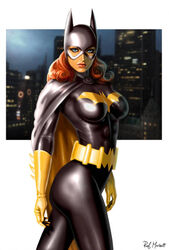 1girls ass barbara_gordon batgirl batman_(series) belt big_breasts birds_of_prey black_bodysuit black_cape blue_eyes bodysuit breasts busty cape city cityscape cowl curvaceous curvy dc dc_comics eyeshadow female female_only gloves human large_breasts long_hair makeup mascara mask pinup raffaele_marinetti red_hair red_lips red_lipstick skintight solo standing superheroine thighs utility_belt voluptuous yellow_belt yellow_cape yellow_gloves