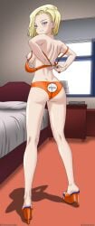android_18 blonde_hair dorsalec dragon_ball_z orange_clothing orange_heels tagme taking_clothes_off taking_off_bra