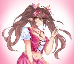 2022 artist_upload bigoldstinker breasts cleavage elf elf_ears freckles hair_bows hairclip hairclips highres ibispaint_(artwork) ibispaintx long_hair looking_at_viewer medium_breasts necklace oc original original_artwork original_character self_upload sfw skirt smile smiling_at_viewer twintails