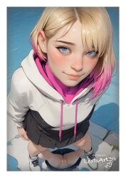 ai_generated gwen_stacy gwen_stacy_(spider-verse) lexisart34 marvel no_panties reflection reflective_floor reflective_water spider-gwen spider-man_(series) upskirt