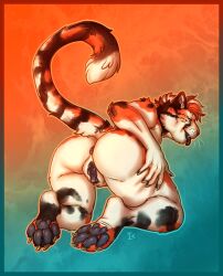 2021 andromorph anthro anus ass black_anus black_genitals black_markings black_tongue black_vulva cheetah dipstick_tail felid feline fur genitals glistening glistening_pawpads gradient_background hi_res interkos intersex jake_(adyrtityger) leg_grab looking_at_viewer looking_back mammal mane markings multicolored_body multicolored_fur multicolored_mane orange_body orange_fur pawpads paws presenting presenting_hindquarters presenting_vulva simple_background smile solo spots spotted_markings spreading squish striped_markings stripes tail tail_markings textured_background thigh_grab thigh_squish tongue tongue_out vulva white_body white_fur white_tail_tip