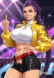 ai_generated armpit_fetish armpit_hair armpits athletic athletic_female audience concert crowd deergirlfit excessive_pubic_hair female_pubic_hair hairy hairy_anus hairy_armpits hairy_pussy kpop_demon_hunters middle_finger muscular muscular_arms muscular_female muscular_thighs on_stage pubic_hair pubic_hair_peek public public_nudity rumi_(kpop_demon_hunters) stage stage_curtains stage_lights stage_show toned toned_body toned_female unbuttoned unbuttoned_pants