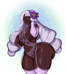 2025 armwear breasts breasts_out bubbles cheesierat dark-skinned_female dark_skin elbow_gloves gloves gradient_background hair hair_ornament jacinthe_(pokemon) lavender_hair light_hair nipples nipples_visible_through_clothing pokemon pokemon_legends:_z-a pussy pussy_cutout red_lipstick sparkles stockings thick thick_ass thick_legs thick_thighs thighhighs thighs twintails white_background yukari_(pokemon)