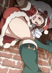 1girls akko_kagari ass christmas_outfit female kneepits little_witch_academia looking_down red_eyes smiling solo straight_hair thighs uganda