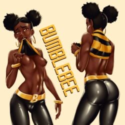 1girls 2019 abs afro_puffs areolae ass back belly black_hair bracelet breasts bumblebee_(dc) cameltoe dark-skinned_female dark_skin dc dc_comics earrings eye_contact female female_only hair_bun hair_buns half-closed_eyes karen_beecher_(ttg) kyder latex leggings looking_at_viewer navel nipples nose pants petite pose shirt shirt_lift short_hair small_breasts solo teen_titans teen_titans_go text thick_thighs twintails wide_hips