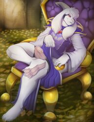 absurd_res asriel_dreemurr asriel_dreemurr_(god_form) clothed furry goat long_ears looking_at_viewer male male_only penis red_eyes scappo throne undertale video_game