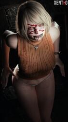 3d 9:16 artist_name ashley_graham black_background blonde_hair blood_on_face bracelet capcom evil_smile looking_at_viewer necklace painted_face panties red_eyes removing_panties resident_evil_4 resident_evil_4_remake short_hair sleeveless turtleneck turtleneck_sweater white_panties xentho