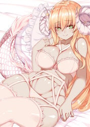 1girls between_breasts blonde_hair blush bra breasts dragon_girl dragon_tail esg_(essagna) female garter_straps gold green_eyes horn_ring horns large_breasts long_hair navel original panties ring skindentation smile solo tail thighhighs underwear_only white_bra white_legwear white_panties