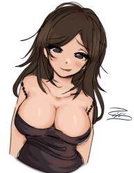 2024 artist_upload big_breasts bigoldstinker blush breasts cleavage freckles high_quality highres ibispaint_(artwork) ibispaintx looking_at_viewer medium_hair oc original original_artwork original_character self_upload sfw smile smiling_at_viewer tank_top tongue tongue_out tongue_sticking_out