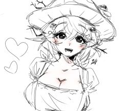 2023 apron artist_upload big_breasts bigoldstinker blush boobs cleavage hairclips ibispaintx looking_at_viewer medium_breasts mole_on_cheek mushroom_girl mushroom_hat oc original original_artwork original_character self_upload sfw short_hair sketch smile smiling_at_viewer