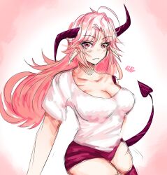 2022 artist_upload big_breasts bigoldstinker blush breasts cleavage demon demon_girl demon_horns demon_tail elf_ears ibispaint_(artwork) ibispaintx long_hair looking_at_viewer oc original original_artwork original_character scars self_upload sfw shorts smile smiling_at_viewer sports_bra t-shirt thick_thighs thighhighs thighs