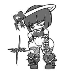 1girls angel angel_(otalewda) arm_sleeves black_hair boots bow clothing covered_pussy elbow_gloves female fingerless_gloves fishnet_stockings goth goth_girl halo partially_clothed shortstack simple_background stigma_storm