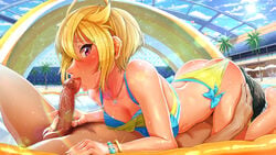 1boy 69 ahoge ass bikini bikini_aside black_hair blonde_hair blue_sky blush breasts cleavage clothed_female_nude_male cloud cowgirl_position cunnilingus day erection fellatio female happy_sex highres ibuki_tsubasa idolmaster idolmaster_million_live! idolmaster_million_live!_theater_days jewelry kilesha kirewisha licking lying medium_breasts necklace nude on_back open_mouth oral outdoors panties panties_aside penis pool poolside pubic_hair saliva sex short_hair sky straight swimsuit tan tanline tongue tongue_out tree underwear veins veiny_penis wet