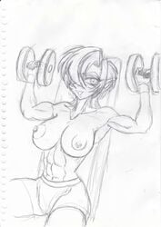 2019 akitaka_tsukimi alien alien_girl big_breasts fitness gym hair_over_one_eye muscular muscular_female original_character shana_(akitaka_tsukimi) sketch toned topless workout