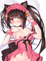 animal_ears bangs bare_shoulders bell black_bow black_hair blush bow breasts brown_collar cangqiong_zhihen cat_ears collar collarbone commentary_request date_a_live dress eyebrows_visible_through_hair female hair_ornament headdress large_breasts long_hair looking_at_viewer lying navel nipples on_back pink_dress pink_headwear red_eyes solo tokisaki_kurumi torn_clothes twintails yellow_eyes