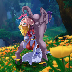 anal_vore anus blonde_hair blue_eyes blush breasts cleavage flower futa_on_female futanari grass intersex long_hair open_mouth outdoors pointy_ears purple_hair red_hair tail tree umbrage00 vore