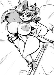 anthro big_breasts breasts canid canine curvaceous female greyscale hair hi_res joelasko mammal monochrome nipples nude pussy skiing solo standing