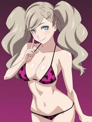 1girls ann_takamaki bangs big_breasts bikini blonde blonde_hair blue_eyes blush blushing breasts cleavage clothing cognitive_ann collarbone curvy eyebrows_visible_through_hair eyelashes female female_only fully_clothed gradient_background hairclip huge_breasts index_finger_raised large_breasts leopard_print leopard_print_bikini lips long_hair looking_at_viewer navel persona persona_5 purple_background purple_bikini purple_swimsuit ra_pen_ sexually_suggestive shiny_hair shiny_skin smile smiling solo standing swept_bangs swimsuit twintails video_game video_games voluptuous wide_hips