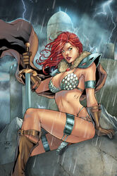 1girls 2016 armor bikini_armor boots brown_boots brown_cape brown_gloves cape chainmail chainmail_bikini chainmail_bra chainmail_panties conan_the_barbarian_(series) dynamite_comics eyeshadow female female_only fur_collar gloves green_eyes gwenaelle_daligault holding_sword holding_weapon human leather_gloves leo_matos loincloth makeup mascara metal_bikini metal_bra metal_underwear pauldron pauldrons pinup red_hair red_lips red_lipstick red_sonja red_sonja_(comics) sitting solo sword thighs warrior weapon windswept_hair