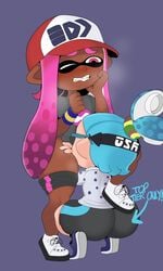 1boy 1girls anthro ass big_ass blackwhiplash blue_hair blush bottomless bwl cephalopod cephalopod_humanoid cunnilingus dark-skinned_female female femboy gera_the_inkling glasses hat humanoid inkling inkling_boy inkling_girl interracial laura_(splatoon) licking light_blue_hair light_skin male male/female mask_(marking) nintendo one_eye_closed oral orgasm pants_down pink_eyes pink_hair pointy_ears pussy_eating rui_(splatoon) shorts sneakers splatoon squatting squid straight sweat tentacle tentacle_hair text