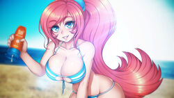 beach bikini blue_eyes cleavage_cutout clothed clothing female game_cg huge_breasts large_breasts lens_flare lipstick looking_at_viewer lugame ocean pink_hair sand spewing_mews sunlight suntan_lotion thick_eyebrows thick_thighs tifa_(lugame)