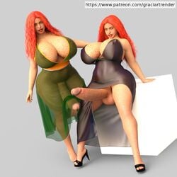 2futas 3d areolae breasts cleavage clothed curly_hair curvy dickgirl dress erection erection_under_clothes eyeshadow freckles futa_on_futa futa_only futa_with_futa futanari gigantic_breasts ginger graciart green_eyes heels hourglass_figure huge_balls huge_breasts intersex leaning_back long_hair long_penis looking_at_viewer monster_cock nipples orla patreon penis penis_out penis_under_clothes red_hair shioban sitting standing standing_on_one_leg stockings thick thick_thighs transparent_clothing url wide_hips