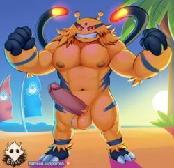 1boy 2019 anthro anthrofied claws electivire elfein erection fur gesture glans grin hair hi_res humanoid_penis male male_only muscular muscular_male nintendo nipples nude original_character penis pink_glans pink_penis pokémon_(species) pokemon pokemon_dppt smile solo testicles text toe_claws video_games yellow_balls yellow_fur