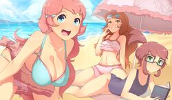 3girls ahoge beach bikini blue_eyes blush book competition_swimsuit figgotry flat_chest glasses green_eyes hanging_breasts huge_breasts k-t_(lugame) large_breasts lens_flare lugame lying_down lying_on_belly midriff ocean one-piece_swimsuit orange_eyes orange_hair parasol pink_hair red_hair sand school_swimsuit sky small_breasts smug stacey_(lugame) sunglasses sunglasses_on_head swimsuit thick_thighs tifa_(lugame)