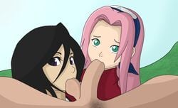 1boy 2girls alanistheanalqueen ball_sucking black_hair bleach blowjob clothing collaborative_fellatio crossover double_blowjob fellatio female green_eyes kuchiki_rukia looking_at_viewer male multiple_girls naruto naruto_(classic) oral_sex outdoors penis pink_hair sakura_haruno teamwork white_skin