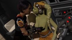 2girls 3d alexbridger breasts clothed clothing dark-skinned_female dark_skin female_focus female_only half-dressed hera_syndulla highres interspecies medium_breasts nipples nude open_mouth sabine_wren star_wars star_wars_rebels twi'lek yuri