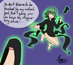 animated ankles artist_signature bare_legs barefoot black_dress bottomless comic cum dialogue dress dress_lift ejaculation feet femdom floating foot_fetish footjob footjob_with_legwear footwear glowing green_eyes green_hair heels heroine high_heels legs manga nymous one-punch_man orgasm pelvic_curtain penis psychic shirt_only shoejob shoes soles speech_bubble superhero superheroine tatsumaki teasing text toes tsundere