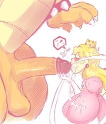 1boy 1girls anthro balls big_breasts big_penis bowser breasts clothed clothing cum cum_drinking cum_in_mouth cum_inside cum_on_clothing cum_swallow cumshot duo edit ejaculation elbow_gloves erection faceless_male fellatio female gloves gulp heart huge_breasts huge_cock human human_focus human_on_anthro humanoid_penis interspecies koopa larger_male male mammal mario_(series) nintendo oral orgasm overweight penis princess_peach scalie sex shishikasama size_difference sperm_cell straight third-party_edit vein video_games