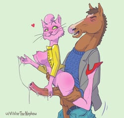 1boy 1girls anthro bojack_horseman bojack_horseman_(character) breasts cum cumshot duo equine feline female fur handjob high_heels horse horsecock male nephew_(artist) outercourse pink_fur princess_carolyn straight