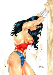 1girls 2019 amazon arms_up black_hair blue_eyes bracers breastplate breasts cleavage curvaceous curvy dated dc dc_comics diana_prince ed_benes_studio female female_only goddess human iago_maia justice_league large_breasts long_hair panties pinup purple_lips purple_lipstick ripped_clothing signature solo standing superheroine themysciran thick_thighs thighs tiara torn_clothes torn_clothing wonder_woman wonder_woman_(series)