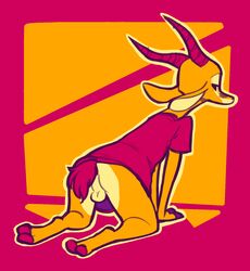 2019 abstract_background all_fours antelope anthro balls bottomless bovid clothed clothing facial_markings fuel_(artist) fuel_(character) gazelle head_markings hi_res horn looking_back male male_only mammal markings orange_background outline rear_view red_background restricted_palette simple_background solo