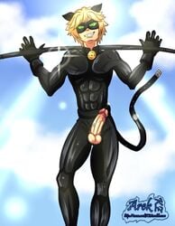 1boy abs adrien_agreste arek-kz arekkz big_penis blonde_hair blonde_pubic_hair bodysuit cat_ears cat_noir chat_noir costume leather male male_focus male_only miraculous_ladybug muscle muscular muscular_male penis smile smirk smirking solo straight_hair tight_clothing veiny_penis