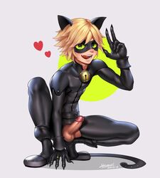 1boy adrien_agreste animal_ears bangs belt blonde_hair bodysuit cat_noir erection fake_animal_ears femboy girly green_eyes heart homri licking_own_lips male_only mask miraculous_ladybug naughty_face penis penis_out ring solo teeth testicles tongue tongue_out